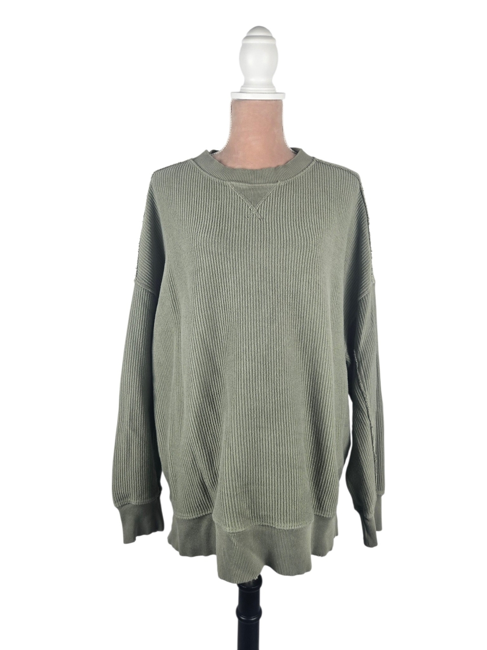 Aerie Waffle Knit Crewneck Sweatshirt 100% Cotton Ribbed Sage Green Medium